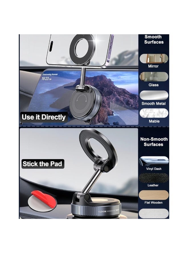 QK Exclusives Car Phone Holder - 360° Adjustable Car Phone Mount - Rotatable and Foldable with strong Vacuum Suction and Magnetic Ring, for Car and Other Smooth Surface - Image 5